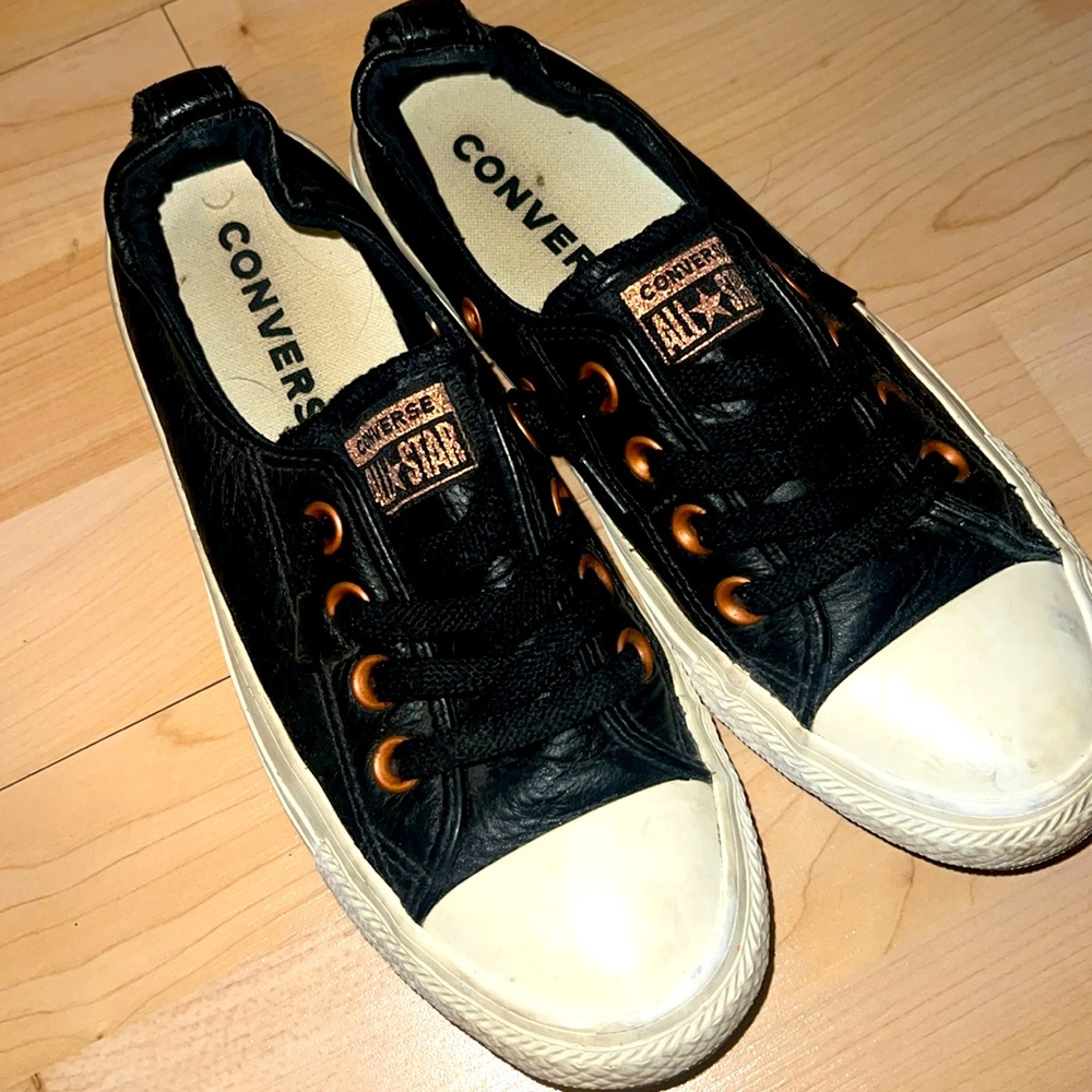 Black faux leather converse